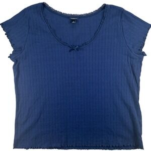 Torrid Top Women 3 Navy Blue Short Sleeve Pointelle Rib Knit Lace Trim Bow